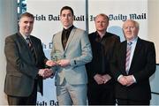 14 April 2014; Conor Dorman, UCC and Cork footballer, is presented with his Irish Daily Mail Future Champions Award award by, from left to right, Gerry Tully, Chairman Comhairle Ardoideachais, Teddy McCarthy, former Cork dual star and Irish Daily Mail columnist, and Robert Frost, Munster Council Chairman. Irish Daily Mail Future Champions Awards 2014, Devere Hall, UCC Student Centre, UCC, Cork. Picture credit: Diarmuid Greene / SPORTSFILE
