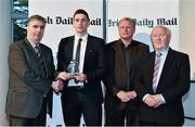 14 April 2014; Paul Geaney, UCC and Kerry footballer, is presented with his Irish Daily Mail Future Champions Award award by, from left to right, Gerry Tully, Chairman Comhairle Ardoideachais, Teddy McCarthy, former Cork dual star and Irish Daily Mail columnist, and Robert Frost, Munster Council Chairman. Irish Daily Mail Future Champions Awards 2014, Devere Hall, UCC Student Centre, UCC, Cork. Picture credit: Diarmuid Greene / SPORTSFILE