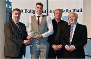 14 April 2014; Ian Maguire, UCC and Cork footballer, is presented with his Irish Daily Mail Future Champions Award award by, from left to right, Gerry Tully, Chairman Comhairle Ardoideachais, Teddy McCarthy, former Cork dual star and Irish Daily Mail columnist, and Robert Frost, Munster Council Chairman. Irish Daily Mail Future Champions Awards 2014, Devere Hall, UCC Student Centre, UCC, Cork. Picture credit: Diarmuid Greene / SPORTSFILE