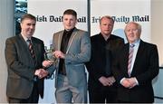 14 April 2014; Conor Cox, UCC and Kerry footballer, is presented with his Irish Daily Mail Future Champions Award award by, from left to right, Gerry Tully, Chairman Comhairle Ardoideachais, Teddy McCarthy, former Cork dual star and Irish Daily Mail columnist, and Robert Frost, Munster Council Chairman. Irish Daily Mail Future Champions Awards 2014, Devere Hall, UCC Student Centre, UCC, Cork. Picture credit: Diarmuid Greene / SPORTSFILE