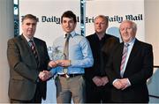 14 April 2014; Tomas Lawrence, CIT and Cork hurler, is presented with his Irish Daily Mail Future Champions Award award by, from left to right, Gerry Tully, Chairman Comhairle Ardoideachais, Teddy McCarthy, former Cork dual star and Irish Daily Mail columnist, and Robert Frost, Munster Council Chairman. Irish Daily Mail Future Champions Awards 2014, Devere Hall, UCC Student Centre, UCC, Cork. Picture credit: Diarmuid Greene / SPORTSFILE