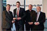 14 April 2014; Eoin Keane, CIT and Cork hurler, is presented with his Irish Daily Mail Future Champions Award award by, from left to right, Gerry Tully, Chairman Comhairle Ardoideachais, Teddy McCarthy, former Cork dual star and Irish Daily Mail columnist, and Robert Frost, Munster Council Chairman. Irish Daily Mail Future Champions Awards 2014, Devere Hall, UCC Student Centre, UCC, Cork. Picture credit: Diarmuid Greene / SPORTSFILE