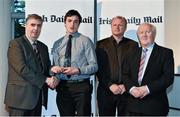 14 April 2014; John Cronin, CIT and Cork hurler, is presented with his Irish Daily Mail Future Champions Award award by, from left to right, Gerry Tully, Chairman Comhairle Ardoideachais, Teddy McCarthy, former Cork dual star and Irish Daily Mail columnist, and Robert Frost, Munster Council Chairman. Irish Daily Mail Future Champions Awards 2014, Devere Hall, UCC Student Centre, UCC, Cork. Picture credit: Diarmuid Greene / SPORTSFILE