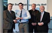 14 April 2014; John O'Dwyer, CIT and Tipperary hurler, is presented with his Irish Daily Mail Future Champions Award award by, from left to right, Gerry Tully, Chairman Comhairle Ardoideachais, Teddy McCarthy, former Cork dual star and Irish Daily Mail columnist, and Robert Frost, Munster Council Chairman. Irish Daily Mail Future Champions Awards 2014, Devere Hall, UCC Student Centre, UCC, Cork. Picture credit: Diarmuid Greene / SPORTSFILE