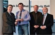 14 April 2014; Representing UCC and Cork hurler Conor Lehane is Matt Lehane, as he is presented with his Irish Daily Mail Future Champions Award award by, from left to right, Gerry Tully, Chairman Comhairle Ardoideachais, Teddy McCarthy, former Cork dual star and Irish Daily Mail columnist, and Robert Frost, Munster Council Chairman. Irish Daily Mail Future Champions Awards 2014, Devere Hall, UCC Student Centre, UCC, Cork. Picture credit: Diarmuid Greene / SPORTSFILE