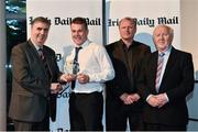 14 April 2014; Jake Dillon, WIT and Waterford hurler, is presented with his Irish Daily Mail Future Champions Award award by, from left to right, Gerry Tully, Chairman Comhairle Ardoideachais, Teddy McCarthy, former Cork dual star and Irish Daily Mail columnist, and Robert Frost, Munster Council Chairman. Irish Daily Mail Future Champions Awards 2014, Devere Hall, UCC Student Centre, UCC, Cork. Picture credit: Diarmuid Greene / SPORTSFILE