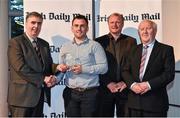 14 April 2014; Representing WIT hurlers Thomas Hamill, Tipperary, Stephen Roche, Waterford, and Pauric Mahony, Waterford, is Richie McNamara being presented with their Irish Daily Mail Future Champions Award award by, from left to right, Gerry Tully, Chairman Comhairle Ardoideachais, Teddy McCarthy, former Cork dual star and Irish Daily Mail columnist, and Robert Frost, Munster Council Chairman. Irish Daily Mail Future Champions Awards 2014, Devere Hall, UCC Student Centre, UCC, Cork. Picture credit: Diarmuid Greene / SPORTSFILE