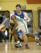 15 January 2006; Patrick Pope, Merry Monk, Ballina, in action against Niall O'Reilly, UCC Demons. Mens National Cup Basketball Semi-Final, UCC Demons v Merry Monk, Ballina, National Basketball Arena, Tallaght, Dublin. Picture credit: Brendan Moran / SPORTSFILE