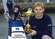 19 January 2006; Padraig Harrington with the Ryder Cup at an announcement by the Ryder Cup Board that O2 Ireland has become an official partner of the 36th Ryder Cup, which takes place at the K Club in Ireland this year. O2 Headquarters, Sir John Rogerson's Quay, Dublin. Picture credit; Brian Lawless / SPORTSFILE