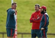 15 April 2014; Munster head coach Rob Penney, left, in conversation with forwards coach Anthony Foley and strength and rehab coach Aled Walters during squad training ahead of their side's Celtic League 2013/14 Round 20 match against Connacht on Saturday. Munster Rugby Squad Training, University of Limerick, Limerick. Picture credit: Diarmuid Greene / SPORTSFILE