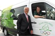 16 April 2014; The Olympic Council of Ireland has been presented with a new Mercedes-Benz Sprinter van by the International Olympic Committee as part of the IOC’s Olympic Solidarity programme. The new van is for use by the many national sports federations accredited to the Olympic Council of Ireland. Pictured at the presentation are Dieter Kuehnle, left, International Olympic Committee, and Darren O'Neill, Chairperson of the Olympic Athletes Commission. Grand Canal Plaza, Dublin. Picture credit: Barry Cregg / SPORTSFILE