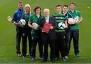 16 April 2014; Michael Ring, T.D., Minister of State for Tourism and Sport, with, from left to right, Waterford hurler Pauric Mahony, Republic of Ireland women's soccer international Stephanie Roche, Ireland women's rugby international Jenny Murphy, Shamrock Rovers and former Republic of Ireland international Stephen McPhail, Dublin footballer Kevin McManamon, and Leinster and Ireland international rugby player Sean O'Brien in attendance at the announcement of the Irish Sports Council's funding for the FAI, IRFU and GAA for 2014. Aviva Stadium, Lansdowne Road, Dublin. Picture credit: Matt Browne / SPORTSFILE