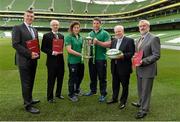 16 April 2014; Michael Ring, T.D., Minister of State for Tourism and Sport, with, from left, IRFU Chief Executive Philip Browne, John Treacy, CEO Irish Sports Council, Ireland women's international rugby player Jenny Murphy, Leinster and Ireland rugby international Sean O'Brien and Kieran Mulvey, Chairman of the Irish Sports Council, in attendance at the announcement of the Irish Sports Council's funding for the FAI, IRFU and GAA for 2014. Aviva Stadium, Lansdowne Road, Dublin. Picture credit: Matt Browne / SPORTSFILE