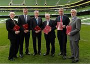 16 April 2014; Michael Ring, T.D., Minister of State for Tourism and Sport, with, from left to right, John Treacy, CEO Irish Sports Council, IRFU Chief Executive Philip Browne, Ard Stiúrthóir of the GAA Páraic Duffy, FAI Chief Executive John Delaney, and Kieran Mulvey, Chairman of the Irish Sports Council, in attendance at the announcement of the Irish Sports Council's funding for the FAI, IRFU and GAA for 2014. Aviva Stadium, Lansdowne Road, Dublin. Picture credit: Matt Browne / SPORTSFILE