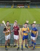 17 April 2014; Pictured at the Allianz Hurling League Semi-Finals preview, left to right, Michael Fennelly, Kilkenny, Jonathan Glynn, Galway, John Conlon, Clare, and Shane McGrath, Tipperary. Gaelic Grounds, Limerick. Picture credit: Diarmuid Greene / SPORTSFILE