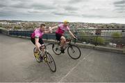 17 April 2014; GAA stars past and present gathered in Croke Park to launch the 4th annual Race the Rás charity cycle in aid of the National Breast Cancer Research Institute. Pictured are former Kerry star Tomás Ó Sé and former Dublin ace Shane Ryan taking part in a head to head cycle up the steep access ramp at Croke Park. Also in attendance were former Kildare footballer John Doyle and Monaghan All-Star Conor McManus. For further information go to www.racetheras.com . Croke Park, Dublin. Picture credit: Brendan Moran / SPORTSFILE