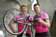 17 April 2014; GAA stars past and present gathered in Croke Park to launch the 4th annual Race the Rás charity cycle in aid of the National Breast Cancer Research Institute. Pictured are former Kerry star Tomás Ó Sé, right, and former Dublin ace Shane Ryan after taking part in a head to head cycle up the steep access ramp at Croke Park. Also in attendance were former Kildare footballer John Doyle and Monaghan All-Star Conor McManus. For further information go to www.racetheras.com . Croke Park, Dublin. Picture credit: Brendan Moran / SPORTSFILE
