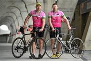 17 April 2014; GAA stars past and present gathered in Croke Park to launch the 4th annual Race the Rás charity cycle in aid of the National Breast Cancer Research Institute. Pictured are former Kerry star Tomás Ó Sé, right, and former Dublin ace Shane Ryan after taking part in a head to head cycle up the steep access ramp at Croke Park. Also in attendance were former Kildare footballer John Doyle and Monaghan All-Star Conor McManus. For further information go to www.racetheras.com . Croke Park, Dublin. Picture credit: Brendan Moran / SPORTSFILE