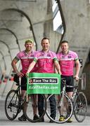 17 April 2014; GAA stars past and present gathered in Croke Park to launch the 4th annual Race the Rás charity cycle in aid of the National Breast Cancer Research Institute. Pictured are former Kerry star Tomás Ó Sé, right, and former Dublin ace Shane Ryan with organiser Eamonn O'Muircheartaigh, after taking part in a head to head cycle up the steep access ramp at Croke Park. Also in attendance were former Kildare footballer John Doyle and Monaghan All-Star Conor McManus. For further information go to www.racetheras.com . Croke Park, Dublin. Picture credit: Brendan Moran / SPORTSFILE