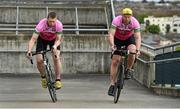 17 April 2014; GAA stars past and present gathered in Croke Park to launch the 4th annual Race the Rás charity cycle in aid of the National Breast Cancer Research Institute. Pictured are former Kerry star Tomás Ó Sé, left, and former Dublin ace Shane Ryan taking part in a head to head cycle up the steep access ramp at Croke Park. Also in attendance were former Kildare footballer John Doyle and Monaghan All-Star Conor McManus. For further information go to www.racetheras.com . Croke Park, Dublin. Picture credit: Brendan Moran / SPORTSFILE