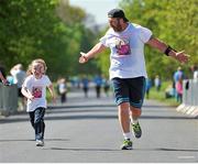 18 April 2014; James Morgan with his daughter Kaydi, aged four, in action during The Ray D’Arcy Show Half Million Half Marathon for LauraLynn Children’s Hospice, Phoenix Park, Dublin. Picture credit: Tomás Greally / SPORTSFILE