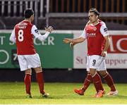 18 April 2014; Christy Fagan, right, St Patrick's Athletic, celebrates after scoring his side's second goal with team-mate Keith Fahey. Airtricity League Premier Division, St Patrick's Athletic v Bohemians, Richmond Park, Dublin. Picture credit: David Maher / SPORTSFILE