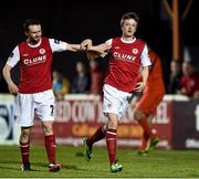 18 April 2014; Chris Forrester,  right, St Patrick's Athletic, celebrates after scoring his side's  third goal with team-mate Conan Byrne. Airtricity League Premier Division, St Patrick's Athletic v Bohemians, Richmond Park, Dublin. Picture credit: David Maher / SPORTSFILE