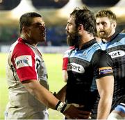 18 April 2014; Ulster's Nick Williams, left, and Glasgow Warriors' Josh Strauss exchange words during the game. Celtic League 2013/14 Round 20, Glasgow v Ulster, Scotstoun, Glasgow, Scotland. Picture credit: Gary Hutchinson / SNS Group / SPORTSFILE
