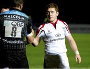 18 April 2014; Ulster's Paddy Jackson, right, and Ryan Wilson, Glasgow Warriors, shake hands at full-time. Celtic League 2013/14 Round 20, Glasgow v Ulster, Scotstoun, Glasgow, Scotland. Picture credit: Gary Hutchinson / SNS Group / SPORTSFILE