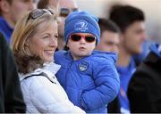 18 April 2014; Two year old Leinster supporter Robbie Barry with his mother Sharon from Raheny, Dublin, ahead of the game. Celtic League 2013/14 Round 20, Leinster v Benetton Treviso, RDS, Ballsbridge, Dublin. Picture credit: Matt Browne / SPORTSFILE