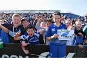 18 April 2014; Leinster Rugby Art Competition winner Debbie McMahon, age 12, from Kildalkey, Co. Meath, with fellow students from her school. Celtic League 2013/14 Round 20, Leinster v Benetton Treviso, RDS, Ballsbridge, Dublin. Picture credit: Brendan Moran / SPORTSFILE