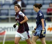 10 September 2005; Niamh Fahy, Galway, smiles after scoring her sides second goal as Dublin's Avril Cluxton looks on. TG4 Ladies Senior Football All-Ireland Championship Semi-Final, Galway v Dublin, O'Moore Park, Portlaoise, Co. Laois. Picture credit; Damien Eagers / SPORTSFILE