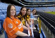 29 November 2005; Intermediate captains Denise Hagan, left, Clann Eireann, Armagh and Edel O'Connell, second from left, Abbeydorney, Kerry and Junior captains Eva O'Donoghue, second from right, Mourneabbey, Cork and Aisling Lambe, right, Athgarvan, Kildare at a photocall ahead of the Intermediate and Junior Ladies Club Finals which will take place on Sunday, next 4th December, Croke Park, Dublin. Picture credit: Damien Eagers / SPORTSFILE