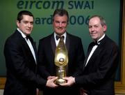 13 January 2006; Cork City manager Damien Richardson is presented with the eircom / SWAI Personality of the Year for 2005 by Aiden Fitzmaurice, President of the Soccer Writers Association of Ireland, left, and Padraig Corkery, eircom Head of Sponsorship. eircom / SWAI Awards 2005, Alexander Hotel, Dublin. Picture credit: Pat Murphy / SPORTSFILE