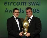 13 January 2006; Cork City manager Damien Richardson is presented with the eircom / SWAI Personality of the Year for 2005 by Aiden Fitzmaurice, President of the Soccer Writers Association of Ireland. eircom / SWAI Awards 2005, Alexander Hotel, Dublin. Picture credit: Pat Murphy / SPORTSFILE
