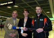 18 January 2006; Carolan Lennon, Marketing Director Vodafone Ireland, with GAA President elect Nicky Brennan, left, and Kilkenny hurler JJ Delaney prior to departure to Singapore for the 2006 Vodafone All-Stars Hurling Tour. Dublin Airport, Dublin. Picture credit; Pat Murphy / SPORTSFILE