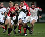 27 January 2006; Kieran Campbell, Ulster, is tackled by Tal Selley, Llanelli Scarlets. Celtic League 2005-2006, Group A, Ulster v Llanelli Scarlets, Ravenhill, Belfast. Picture credit: Oliver McVeigh / SPORTSFILE