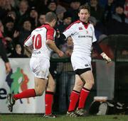 27 January 2006; Tyrone Howe, Ulster, celebrates his last minute try with team mate Adam Larkin. Celtic League 2005-2006, Group A, Ulster v Llanelli Scarlets, Ravenhill, Belfast. Picture credit: Oliver McVeigh / SPORTSFILE