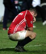 27 January 2006; A dejected Craig Dunlea, Llanelli Scarlets, at the end of the game. Celtic League 2005-2006, Group A, Ulster v Llanelli Scarlets, Ravenhill, Belfast. Picture credit: Oliver McVeigh / SPORTSFILE