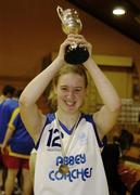 30 January 2006; Rhiannon McNulty, St. Joseph's, Abbeyfeale captain lifts the cup. Schools Basketball Cup Finals, Girls U16 B, Mount Temple, Dublin v St. Joseph's, Abbeyfeale, National Basketball Arena, Tallaght, Dublin. Picture credit: Damien Eagers / SPORTSFILE