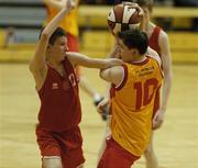 30 January 2006; Jarlath O'Hagan, St. Patrick's, Dungannon, in action against Ray Willis, Patrician Academy, Mallow. Schools Basketball Cup Finals, Boys U16 B, St. Patrick's, Dungannon v Patrician Academy, Mallow, National Basketball Arena, Tallaght, Dublin. Picture credit: Damien Eagers / SPORTSFILE