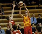 30 January 2006; Simon Cummings, St. Patrick's, Dungannon, in action against John Harkin, Patrician Academy, Mallow. Schools Basketball Cup Finals, Boys U16 B, St. Patrick's, Dungannon v Patrician Academy, Mallow, National Basketball Arena, Tallaght, Dublin. Picture credit: Damien Eagers / SPORTSFILE
