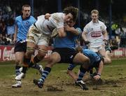 30 January 2006; Jason Harris-Wright, Presentation College Bray, is tackled by Rajan Reilly, St. Michael's College. Leinster Schools Senior Cup, First Round, Presentation College Bray v St. Michael's College, Donnybrook, Dublin. Picture credit; Pat Murphy / SPORTSFILE