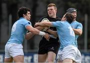 19 April 2014; Josh Glynn, Old Belvedere, is tackled by Alex Wooten, left, and Shaun Berne, Garryowen. Ulster Bank League Division 1A, Garryowen v Old Belvedere, Dooradoyle, Limerick. Picture credit: Ray McManus / SPORTSFILE