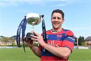 19 April 2014; Clontarf captain Ben Reilly celebrates with the trophy after the match. Ulster Bank League Division 1A, Clontarf v Ballynahinch, Castle Avenue, Clontarf, Dublin. Picture credit: Ramsey Cardy / SPORTSFILE
