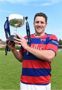 19 April 2014; Clontarf captain Ben Reilly with the trophy after the match. Ulster Bank League Division 1A, Clontarf v Ballynahinch, Castle Avenue, Clontarf, Dublin. Picture credit: Ramsey Cardy / SPORTSFILE