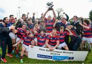 19 April 2014; Clontarf players celebrate with the trophy after the match. Ulster Bank League Division 1A, Clontarf v Ballynahinch, Castle Avenue, Clontarf, Dublin. Picture credit: Ramsey Cardy / SPORTSFILE