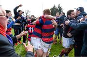 19 April 2014; Clontarf's Bryan Byrne, left, and Tom Byrne celebrate at the final whistle after finding out that Old Belvedere had been beaten by Garryowen to award Clontarf the league title. Ulster Bank League Division 1A, Clontarf v Ballynahinch, Castle Avenue, Clontarf, Dublin. Picture credit: Ramsey Cardy / SPORTSFILE
