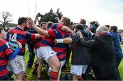 19 April 2014; Clontarf players celebrate with fans after finding out that Old Belvedere had been beaten by Garryowen to award Clontarf the league title. Ulster Bank League Division 1A, Clontarf v Ballynahinch, Castle Avenue, Clontarf, Dublin. Picture credit: Ramsey Cardy / SPORTSFILE