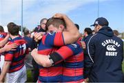 19 April 2014; Clontarf's Karl Moran, left, and David Joyce celebrate after the match. Ulster Bank League Division 1A, Clontarf v Ballynahinch, Castle Avenue, Clontarf, Dublin. Picture credit: Ramsey Cardy / SPORTSFILE